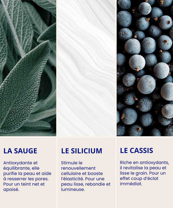 IUM Paris natural active ingredients: purifying sage, regenerating silicum and antioxidant blackcurrant for radiant, smooth, soothed skin.