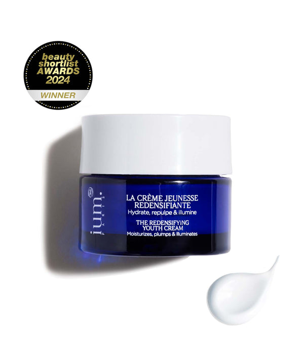 Crème Jeunesse Redensifiante IUM Paris, blue pot, moisturizing, plumping and illuminating, winner of the Beauty Shortlist Awards 2024, 99% natural organic cosmetics.
