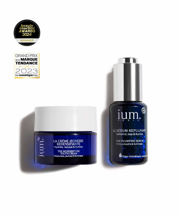 Duo éclat IUM Paris : crème jeunesse redensifiante et sérum repulpant bio pour hydrater, lisser et illuminer visiblement la peau.
