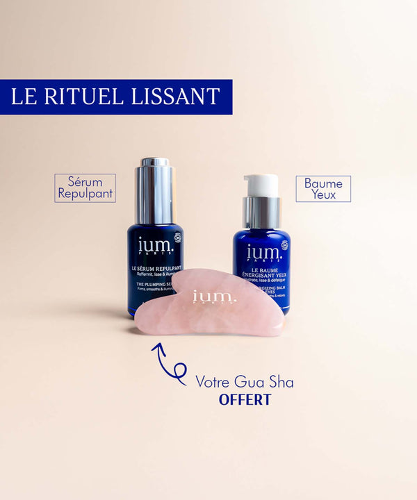 IUM Paris Smoothing Ritual: Plumping Serum and Energizing Eye Balm with complimentary Rose Quartz Gua Sha, an organic treatment for smoothing and revitalizing.