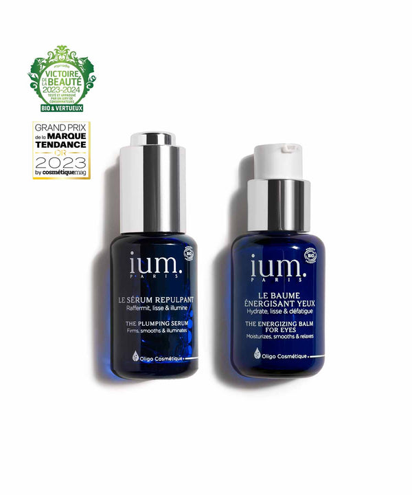 IUM Paris Smoothing Duo with Plumping Serum and Energizing Eye Balm, award-winning organic facial treatments for smoother, firmer skin.