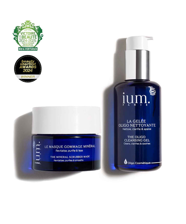 IUM Paris Purifying Duo: Zinc Cleansing Gel and Silicium Scrub Mask, award-winning organic skincare products to purify and smooth skin.