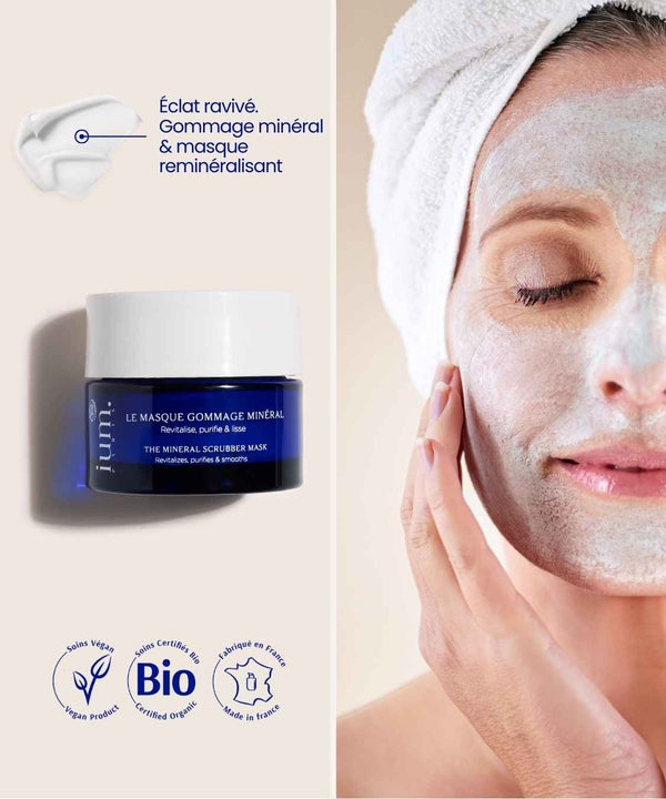 Masque Gommage Minéral IUM Paris bio, exfoliant doux et reminéralisant pour une peau lisse, lumineuse et purifiée.