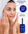 Woman applying IUM Paris Replumping Serum, illustrating its moisturizing, revitalizing and firming benefits, with a non-greasy, non-sticky gel & water texture, proven effective with 93% of skin firmed.