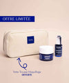 IUM Paris limited offer: a natural radiance duo including the redensifying youth cream and the plumping serum, accompanied by a free, elegant and practical make-up bag.